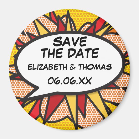 SAVE THE DATE スピーチバブル 楽しいレトロ漫画 マグネット (正面)