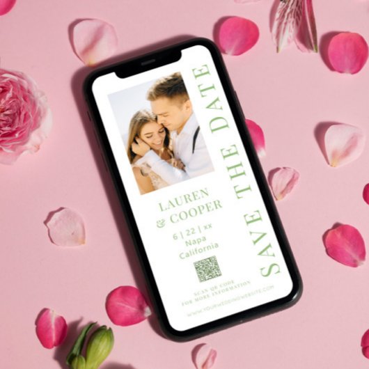 Save The Date セージグリーン QR コード モダン ウェディング セーブザデート