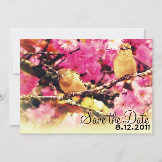Save the Date - ピンクの花と鳥たち 招待状 (正面)