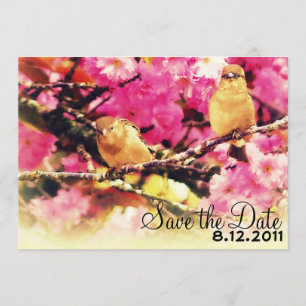 Save the Date - ピンクの花と鳥たち 招待状