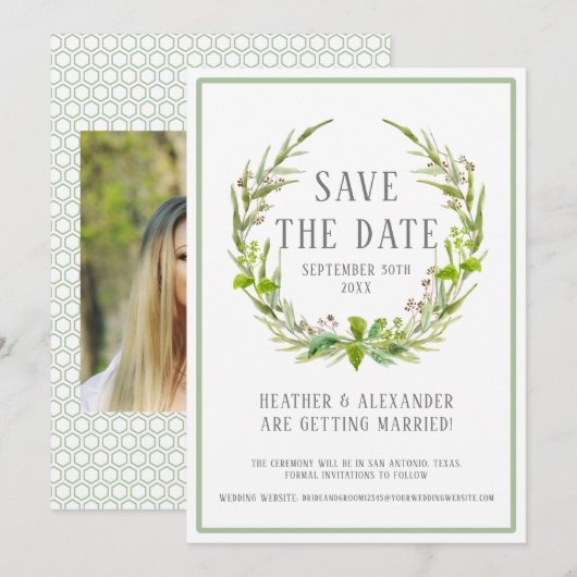 Save the Date フォトテンプレート 水彩の花輪アート 招待状 (正面/裏面)