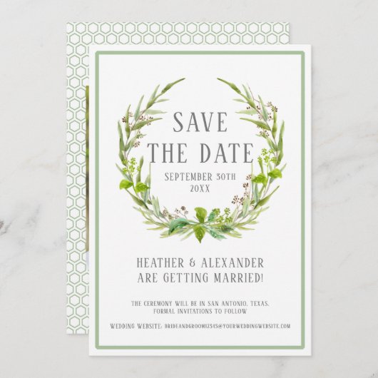 Save the Date フォトテンプレート 水彩リースアート 招待状 (正面/裏面)