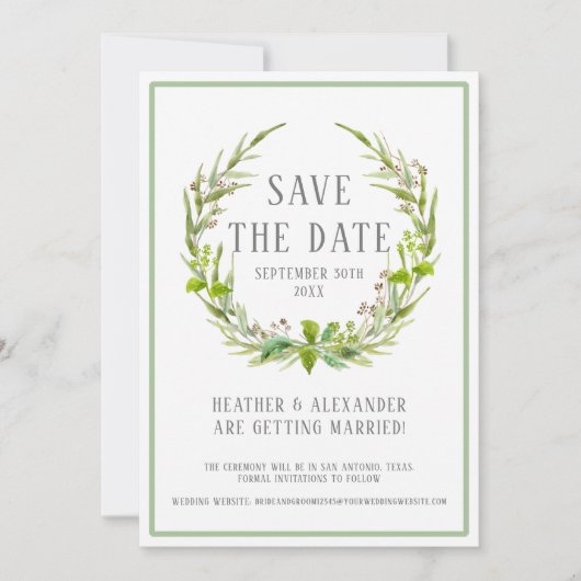 Save the Date フォトテンプレート 水彩リース アート 招待状 (正面)