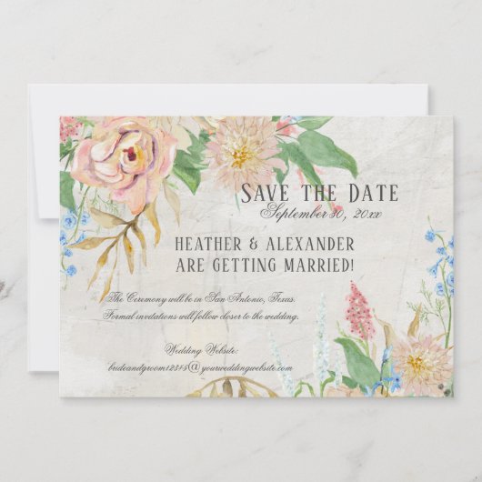 Save the Date フォト ウォーターカラー ボヘミアンフラワー マーブル 招待状 (正面)