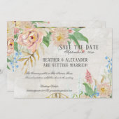 Save the Date フォト ウォーターカラー ボヘミアンフラワー マーブル 招待状 (正面/裏面)