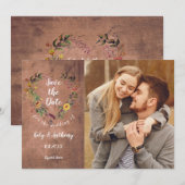 Save the Date フォト ラスティック ウッド フローラル ハート 招待状 (正面/裏面)