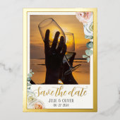 Save the Date フォト 水彩のバラ 高級感 箔招待状 (正面)
