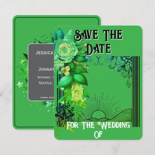 Save The Date フローラル カード 緑のサンライズ (正面/裏面)
