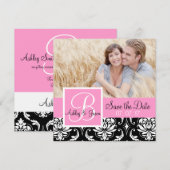 Save the Date ブラック ダマスク モノグラム ネーム ピンク セーブザデート (正面/裏面)