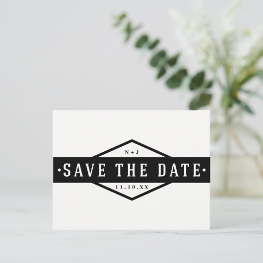 SAVE THE DATE ブラック＆ホワイト モダン ラスティック 案内ポストカード (スタンド正面)