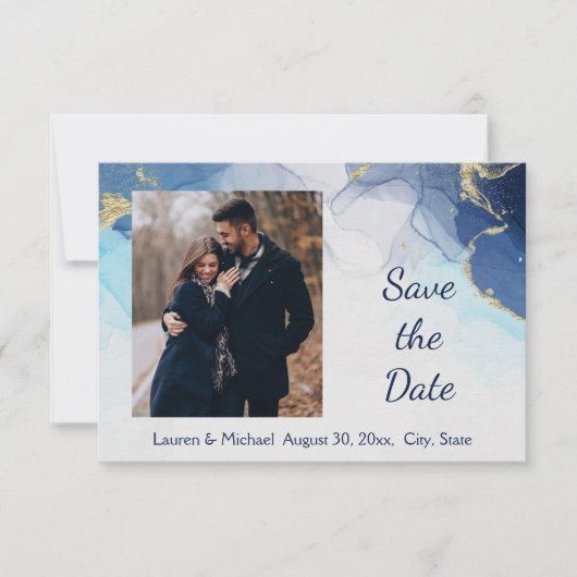 Save the Date ブルー ゴールド ウォーターカラー 結婚式 招待状 (正面)