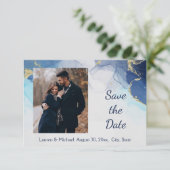 Save the Date ブルー ゴールド ウォーターカラー 結婚式 招待状 (スタンド正面)