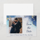 Save the Date ブルー ゴールド ウォーターカラー 結婚式 招待状 (正面/裏面)