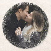 Save the Date ホワイトスパークル カップル フォト ウェディング ラウンドペーパーコースター (正面)