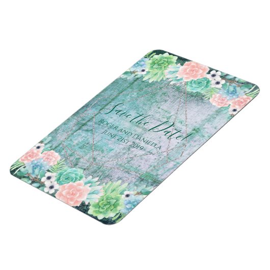 Save the Date！ボヘミアンスタイルの多肉植物とジオメトリックフレーム マグネット (左側)