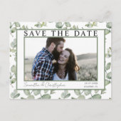 Save the Date モダン Green Eucalyptus & Photo ポストカード (正面)