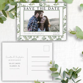 Save the Date モダン Green Eucalyptus & Photo ポストカード