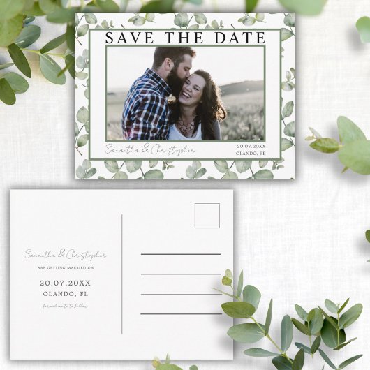 Save the Date モダン Green Eucalyptus & Photo ポストカード