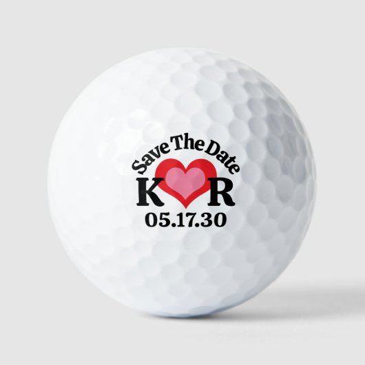 SAVE THE DATE モノグラムイニシャルと赤いハート ゴルフボール (正面)