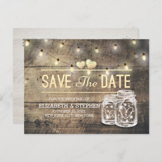 Save The Date ラスティックウッド メイソンジャー ストリングライト 案内ポストカード (正面/裏面)