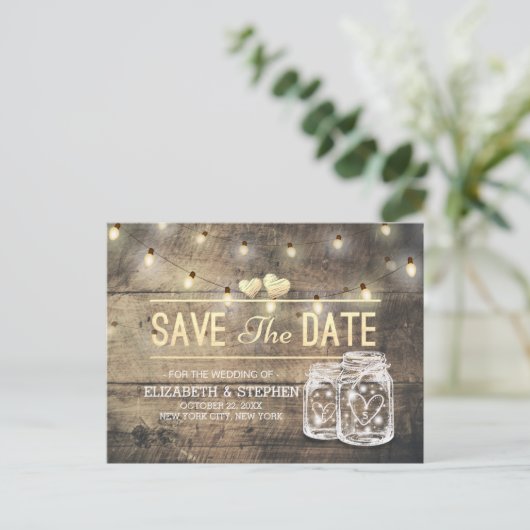 Save The Date ラスティックウッド メイソンジャー ストリングライト 案内ポストカード (スタンド正面)