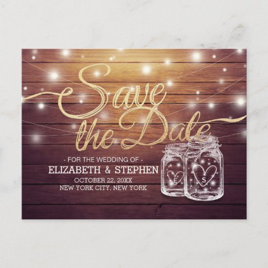 Save The Date ラスティックウッド メイソンジャー ストリングライト 案内ポストカード (正面)