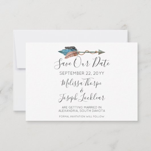 Save The Date ラスティックターコイズフェザーアロー写真 招待状 (裏面)
