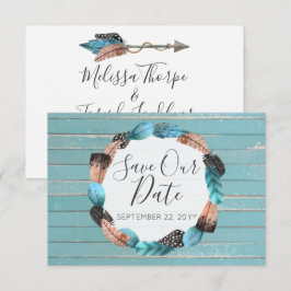 Save The Date ラスティックターコイズフェザーズ ボーホアロー 招待状