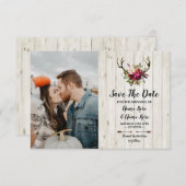 Save The Date ラスティック アントラーズ スタッグ フローラル フォト セーブザデート (正面/裏面)