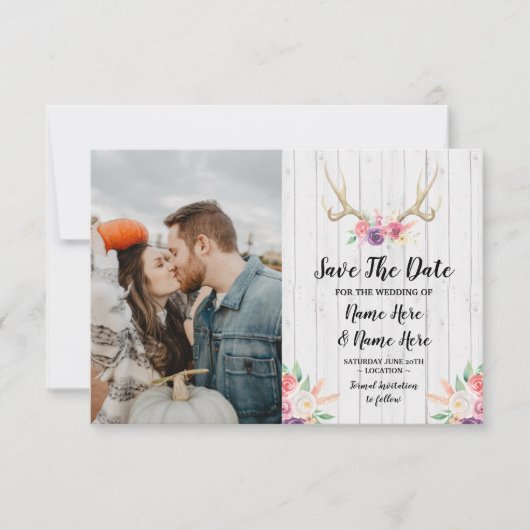 Save The Date ラスティック アントラーズ 鹿 花の写真 セーブザデート (正面)