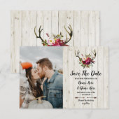 Save The Date ラスティック アントラーズ 鹿 花の写真 セーブザデート (正面/裏面)