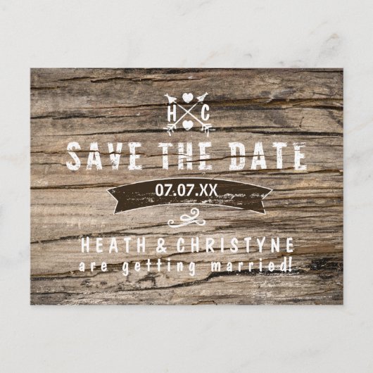 "SAVE THE DATE" ラスティック ウッドと矢印 ポストカード (正面)
