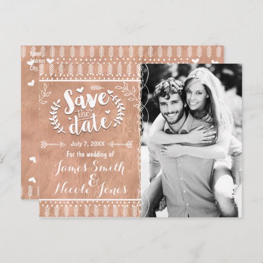 Save the Date ラスティック グラム ローズゴールド フォト 案内ポストカード (正面/裏面)