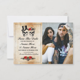 Save The Date ラスティック スカル フォト カード ゴシック