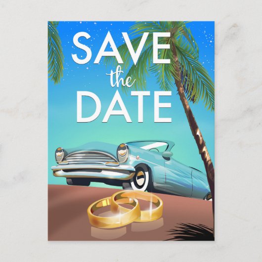 Save the Date ヴィンテージカーと結婚指輪 ポストカード (正面)
