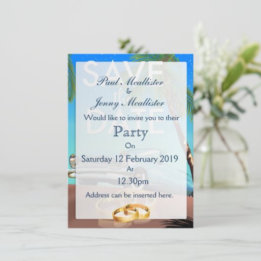 Save the Date ヴィンテージカーと結婚指輪 招待状 (スタンド正面)