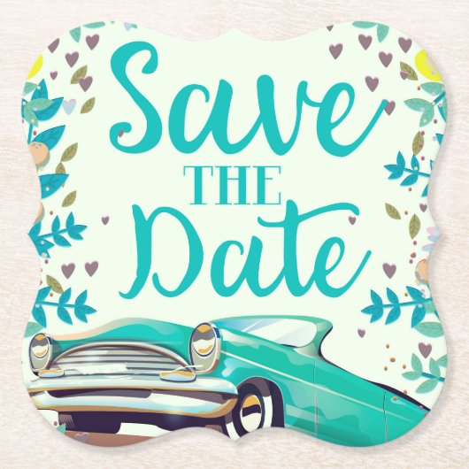 Save The Date ヴィンテージ クラシック カー ペーパーコースター (正面)