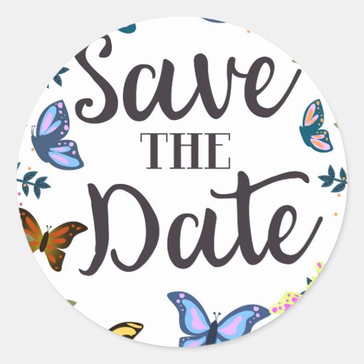 Save the Date ヴィンテージ バタフライ ラウンドシール (正面)