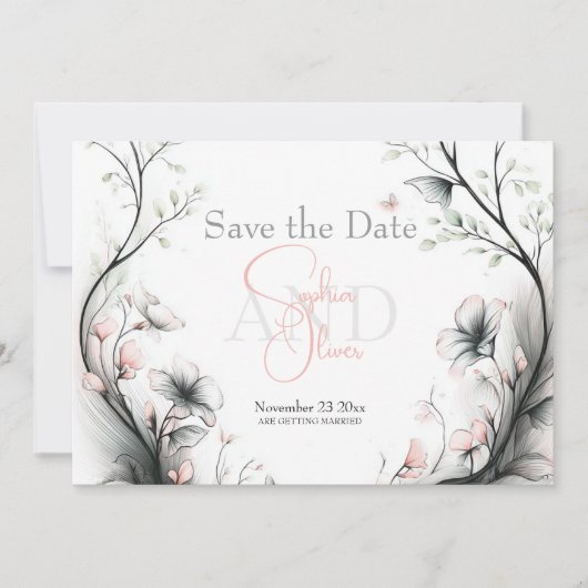 Save the Date | 優雅な淡いピンクの花柄 招待状 (正面)