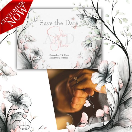 Save the Date | 優雅な淡いピンクの花柄 招待状