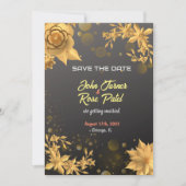 Save The Date 招待金色花卉 黑色背景 セーブザデート (正面)