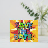 SAVE THE DATE 楽しいモダン コミック風デザイン 案内ポストカード (スタンド正面)