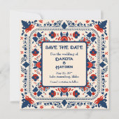 Save the Date, 民芸風花柄, 赤白青 招待状 (正面)