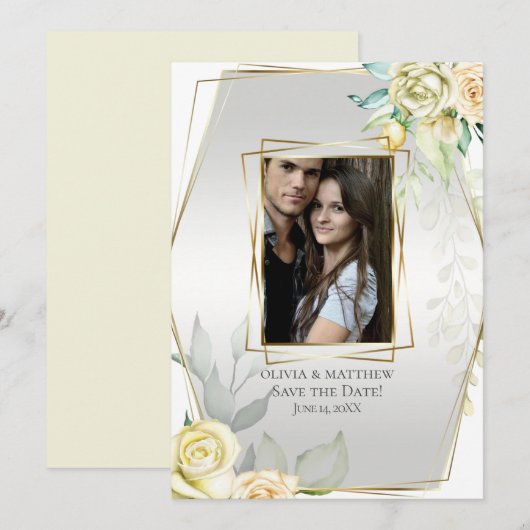 Save the Date | 水彩アイボリーイエロー ブラッシュローズ 招待状 (正面/裏面)