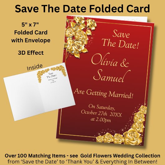 Save The Date - 濃い赤地に金色のバラ    カード