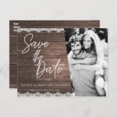 Save the Date 現代のモダンな木製とレースの写真 案内ポストカード (正面/裏面)