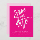  SAVE THE DATE 現代カリグラフィー スクリプト ホットピンク セーブザデート (正面/裏面)