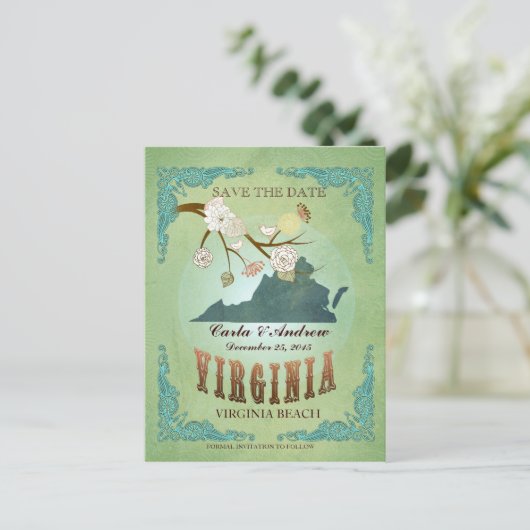Save The Date – 素敵な鳥とバージニアの地図 案内ポストカード (スタンド正面)