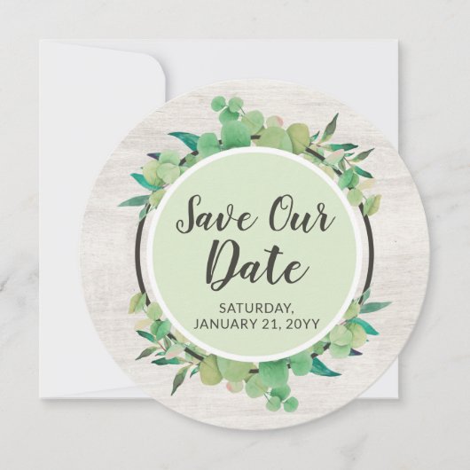 Save The Date 素朴 Wood & Eucalyptus Botanical 招待状 (正面)