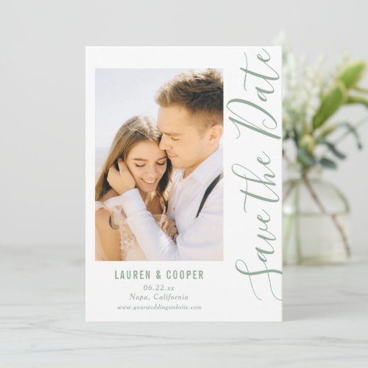 Save The Date 緑のスタイリッシュなスクリプト 現代のウェディング (スタンド正面)